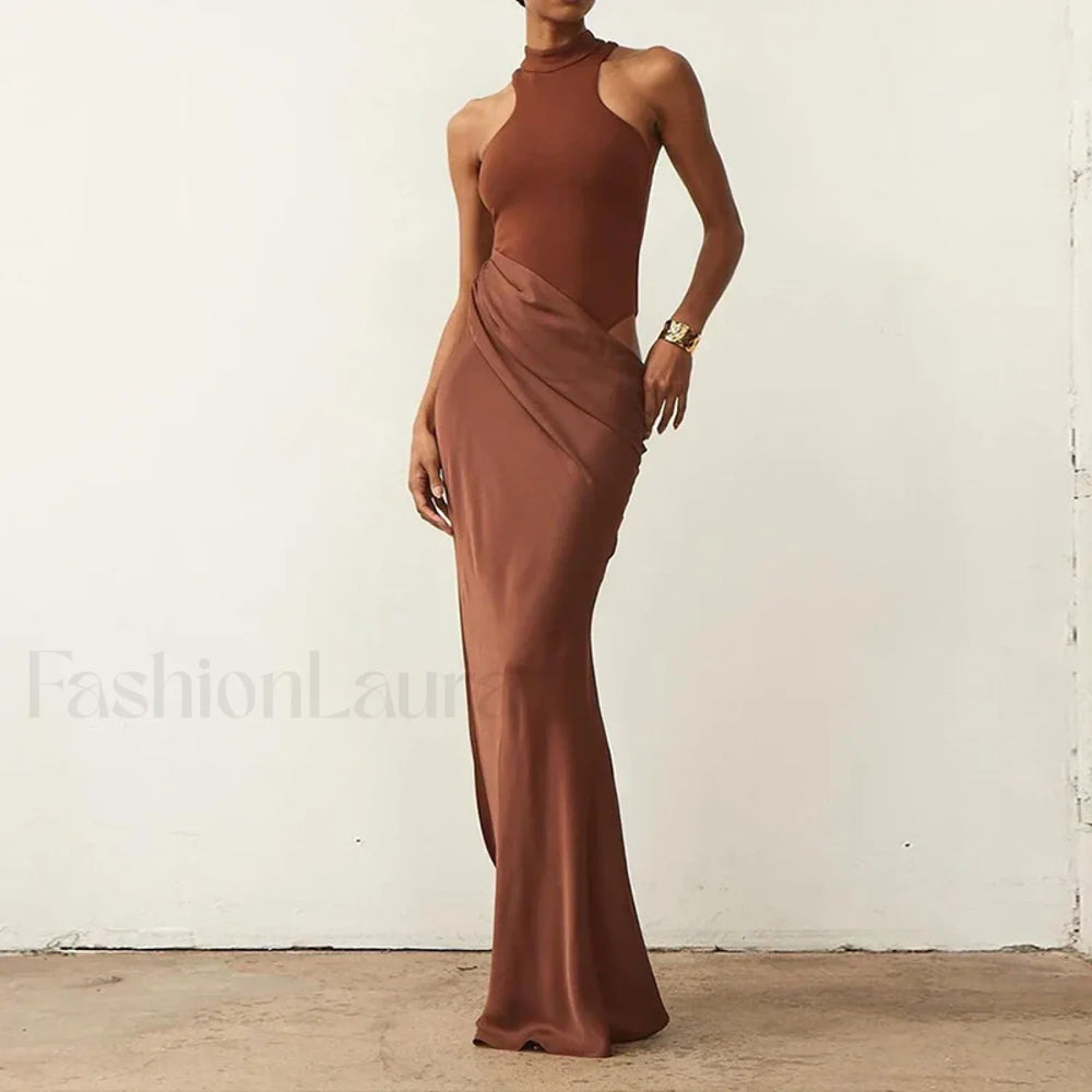 Hollow Pleated Patchwork Maxi Dress 02 Yellow Brown / S