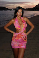 Hollow Print Halter Beach Vacation Floral Dress Pink / XS