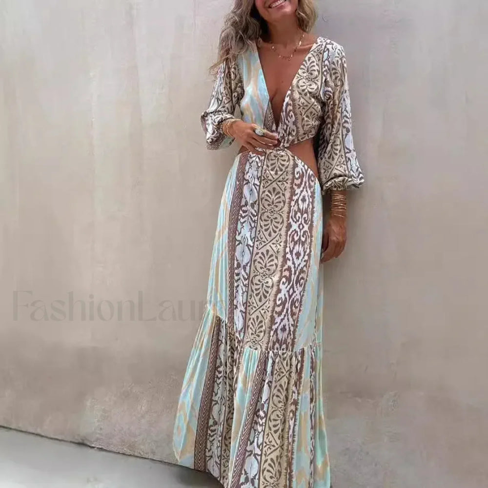 Hollow Splicing Long Sleeve Boho Dress