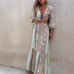 Hollow Splicing Long Sleeve Boho Dress