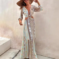 Hollow Splicing Long Sleeve Boho Dress