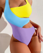 Hollow Strapped High Waist One Piece blue yellow purple / S