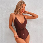 Hollow Strapped Push Up Solid One Piece Brown / S