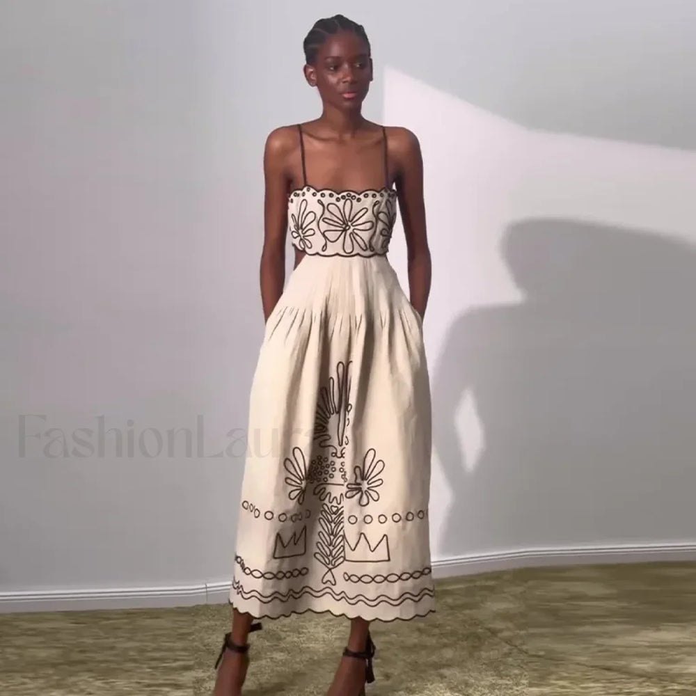 Hollow Wave Hem Boho Dress Beige / S