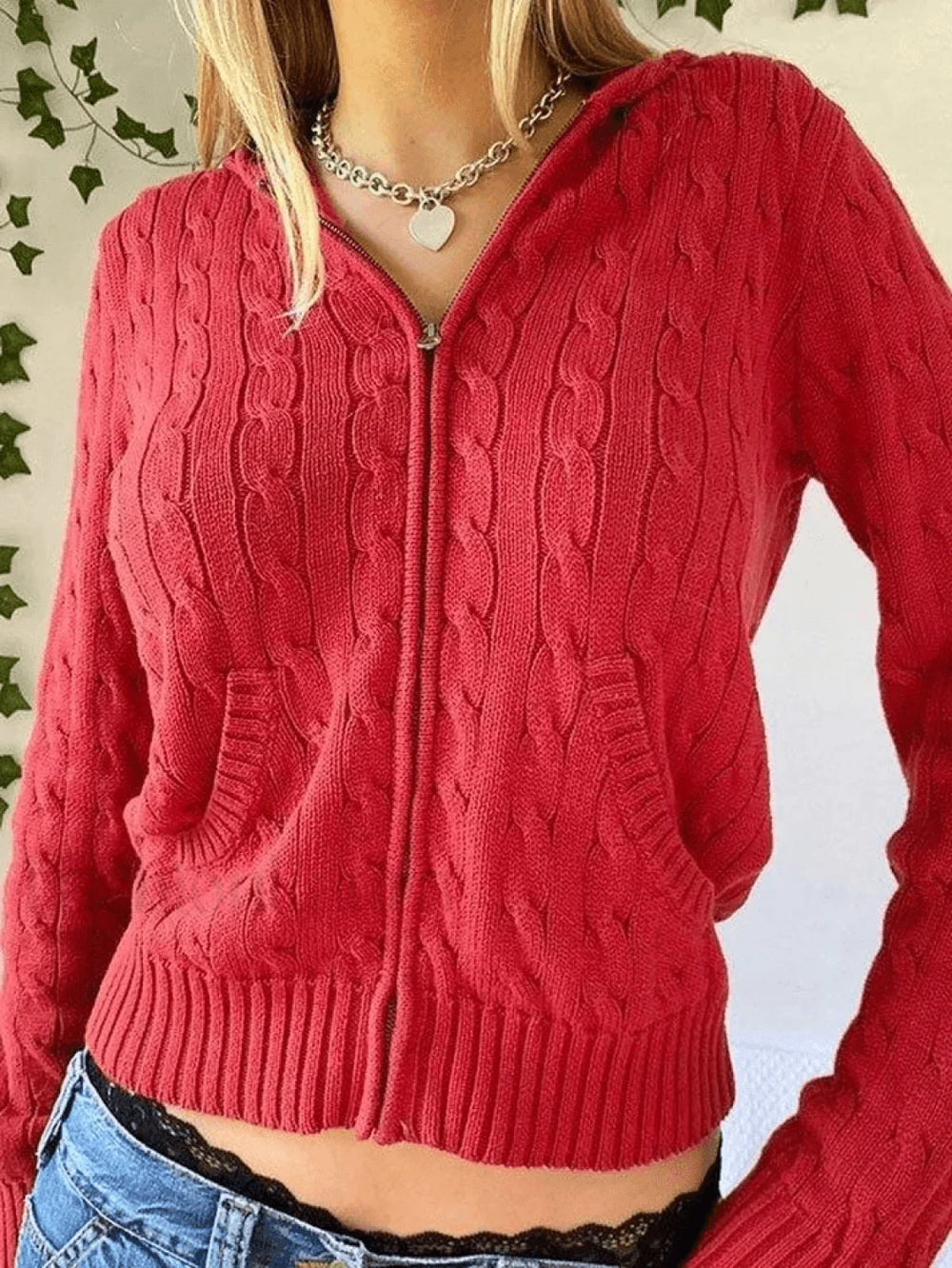 Hooded Cable Knit Cardigan Red / S Sweaters