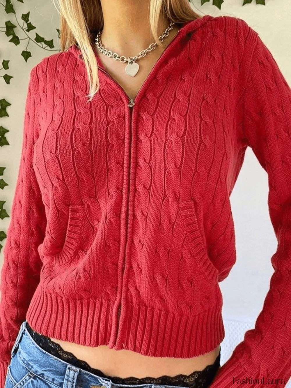 Hooded Cable Knit Cardigan Red / S Sweaters