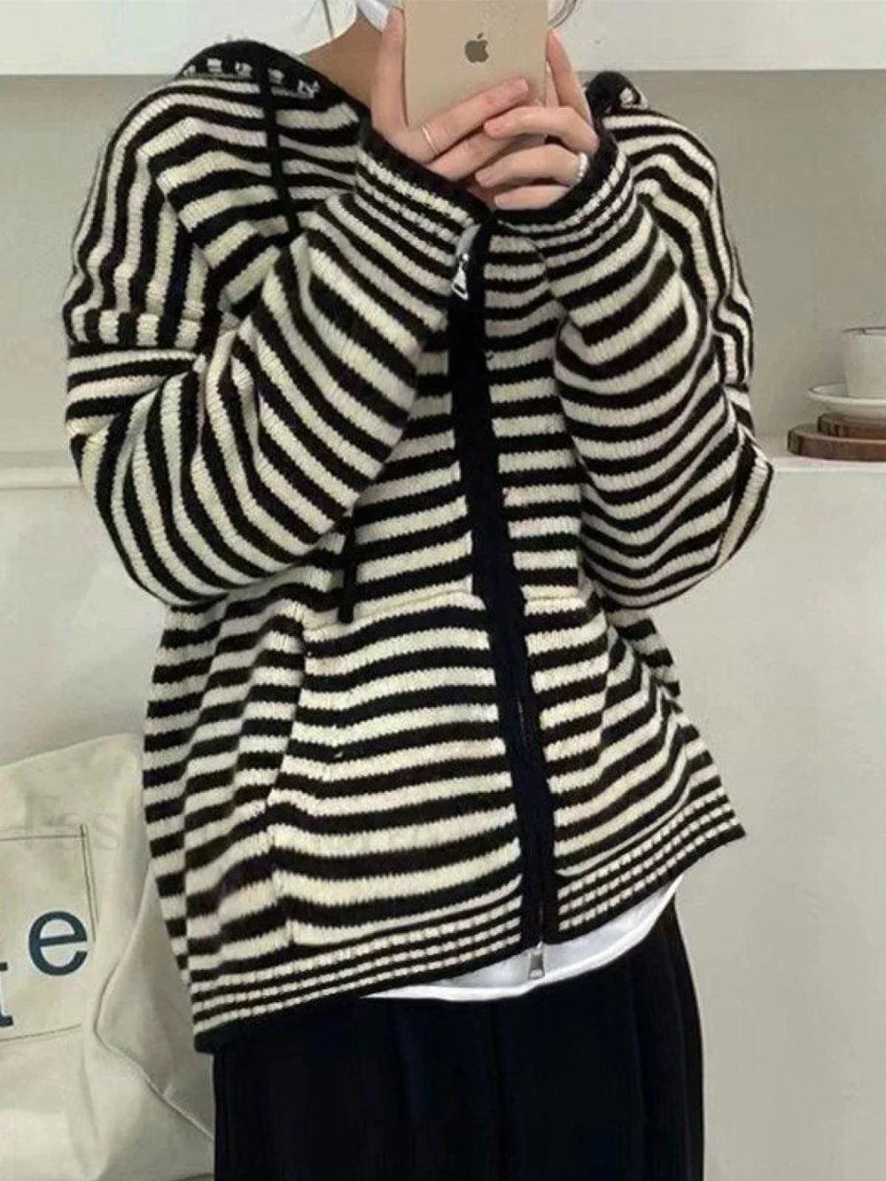 Hooded Striped Long Sleeve Knit Cardigan Black / ONE SIZE Sweaters