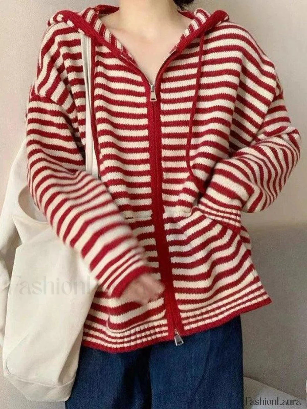 Hooded Striped Long Sleeve Knit Cardigan Red / ONE SIZE Sweaters