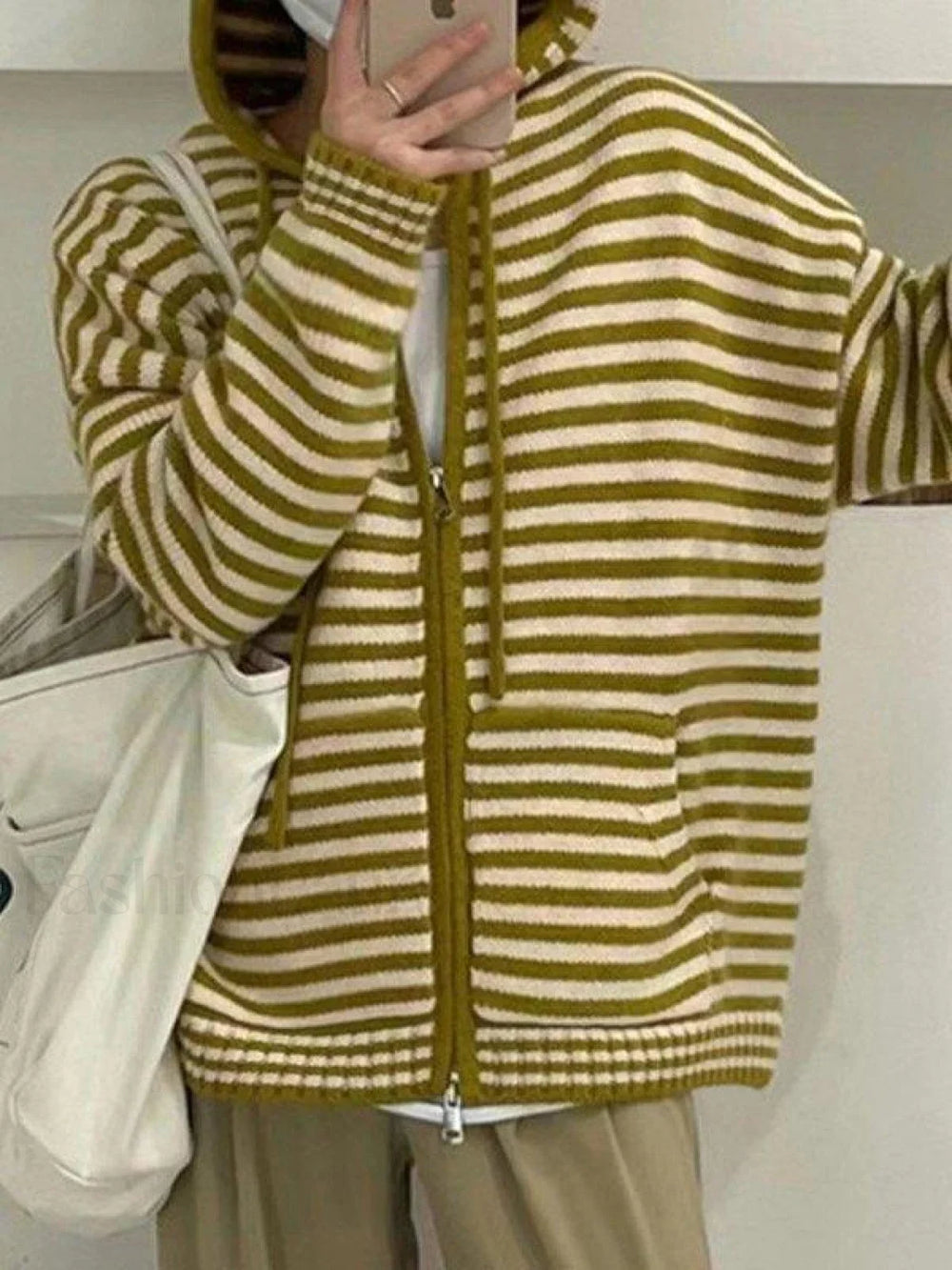 Hooded Striped Long Sleeve Knit Cardigan Sweaters
