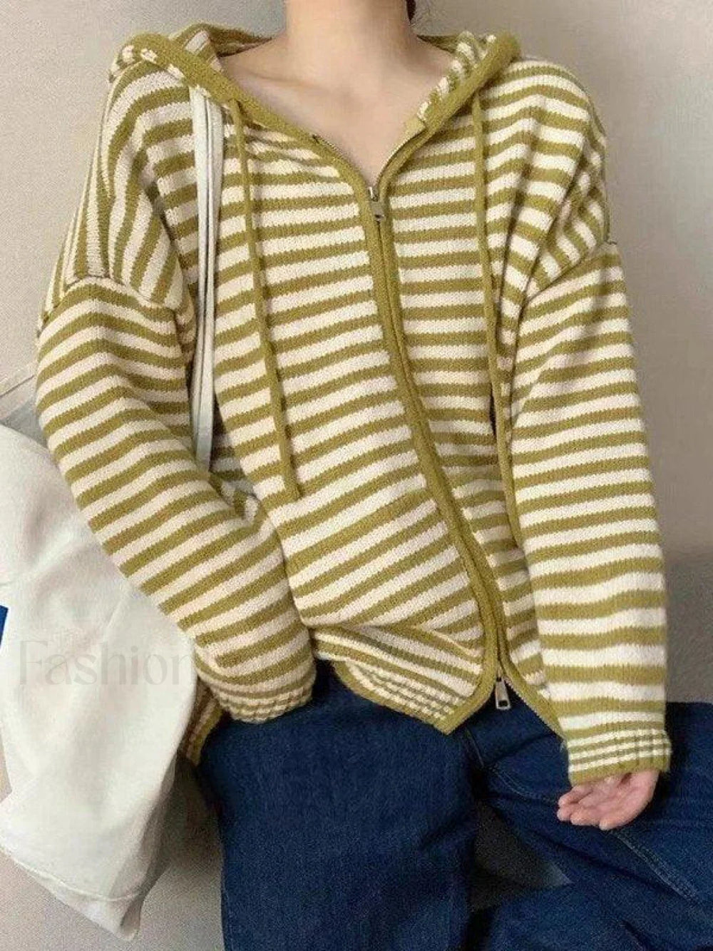 Hooded Striped Long Sleeve Knit Cardigan Yellow / ONE SIZE Sweaters