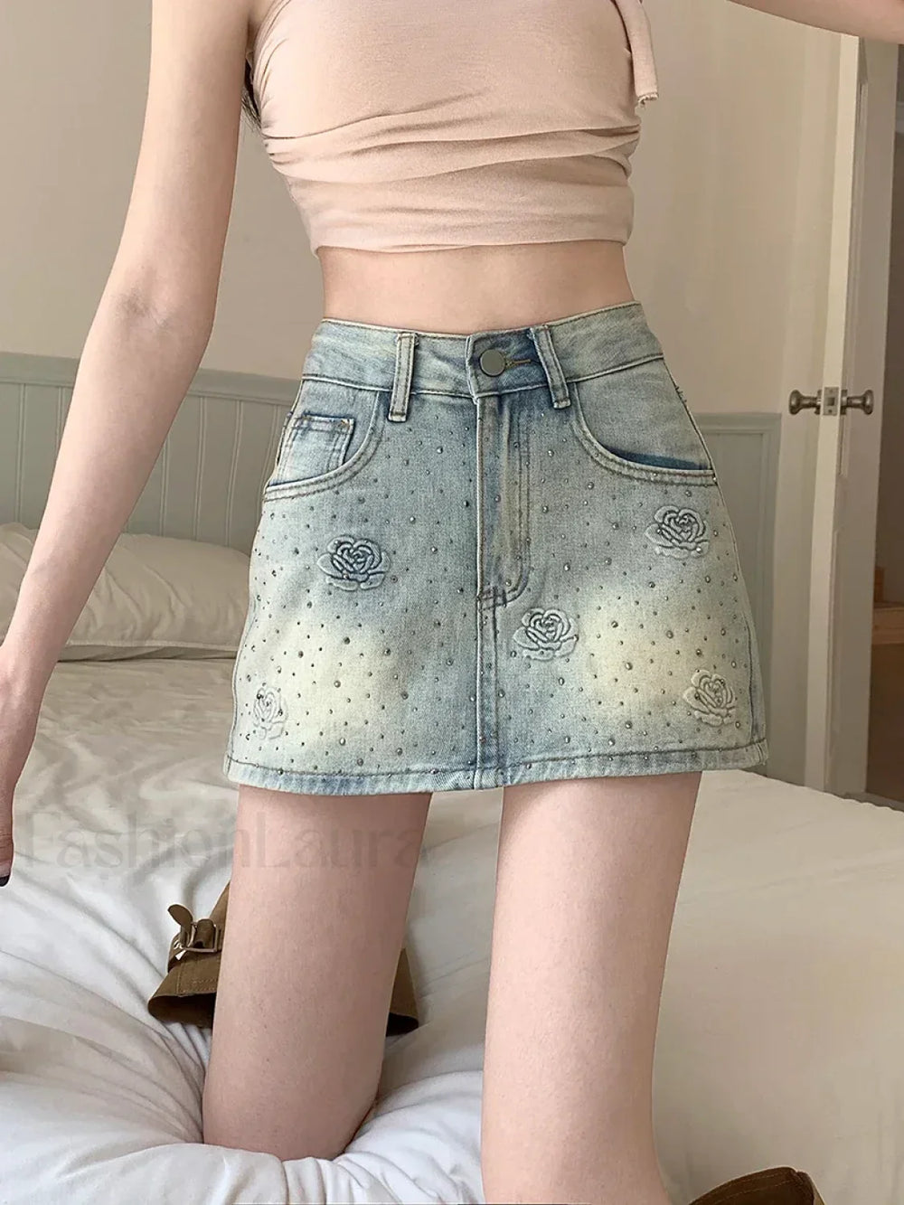 Hot Diamond Floral Vintage High Waist Short Skirt Light Blue / S