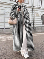 Houndstooth Tweed Graceful Trench Coat Black / XS Wool Coats