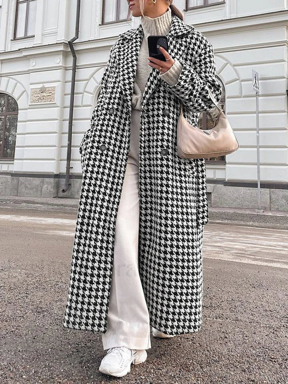 Houndstooth Tweed Graceful Trench Coat Wool Coats