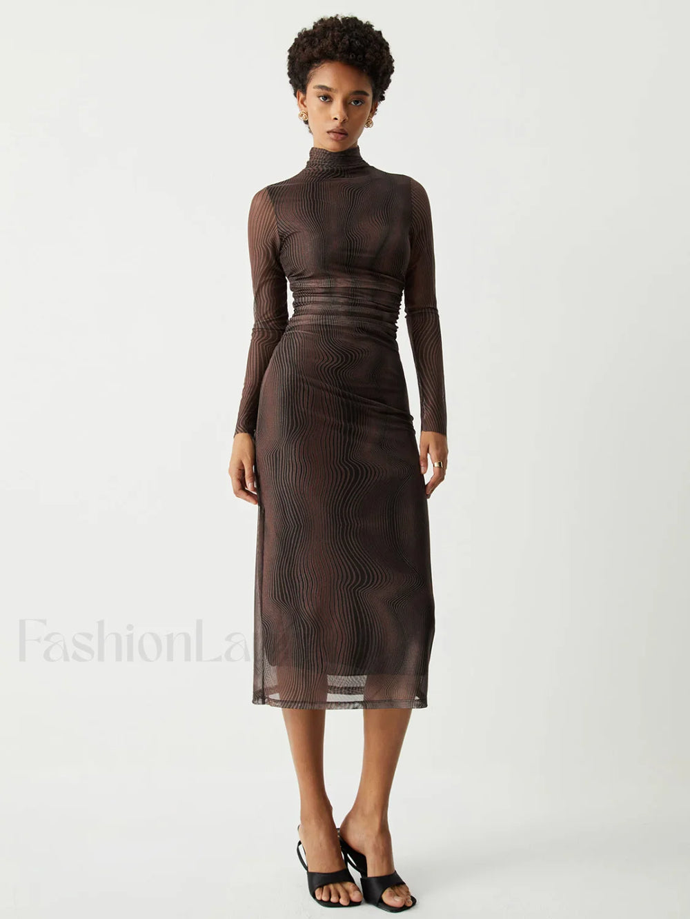 Illusion Tulle Print Mock Modern Neck Mesh Midi Dress Brown / XS Dresses