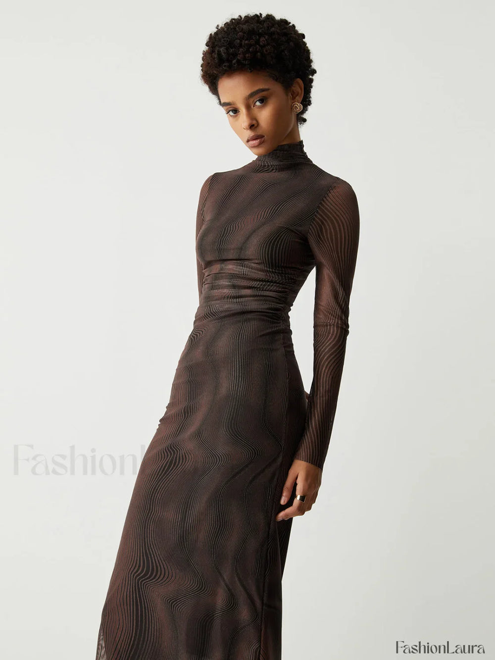 Illusion Tulle Print Mock Modern Neck Mesh Midi Dress Dresses