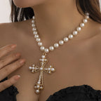 Imitation Pearl Gothic Pendant Cross Necklace GOLD
