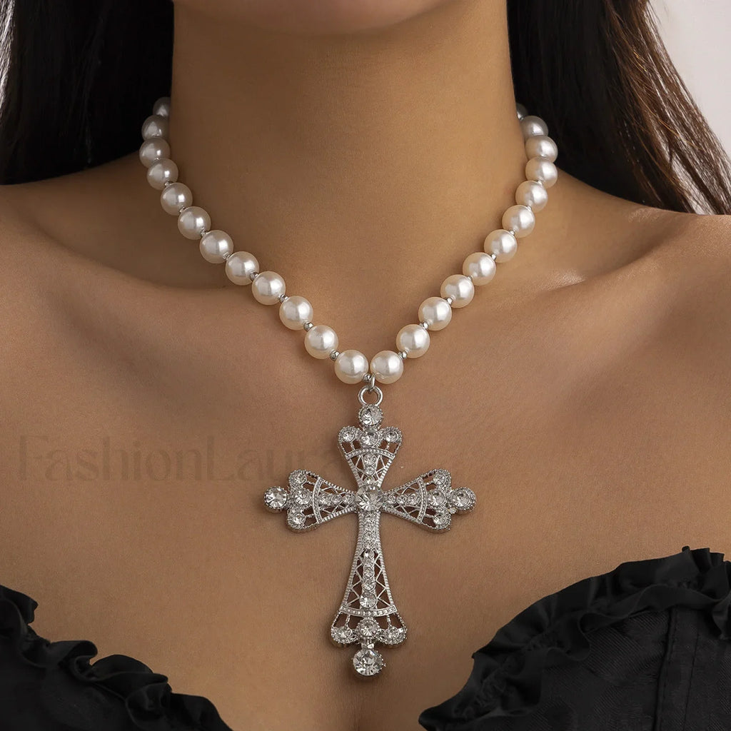 Imitation Pearl Gothic Pendant Cross Necklace SILVER