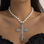 Imitation Pearl Gothic Pendant Cross Necklace SILVER