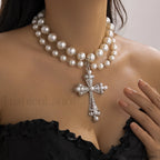 Imitation Pearl Gothic Pendant Cross Necklace WHITE