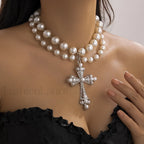Imitation Pearl Gothic Pendant Cross Necklace WHITE