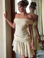 Inclined Shoulder Patchwork Mini Dress WHITE / S