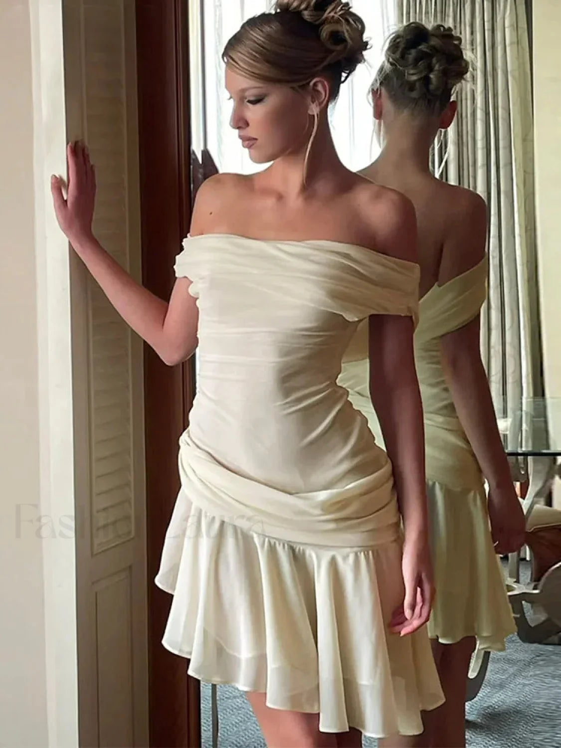 Inclined Shoulder Patchwork Mini Dress WHITE / S