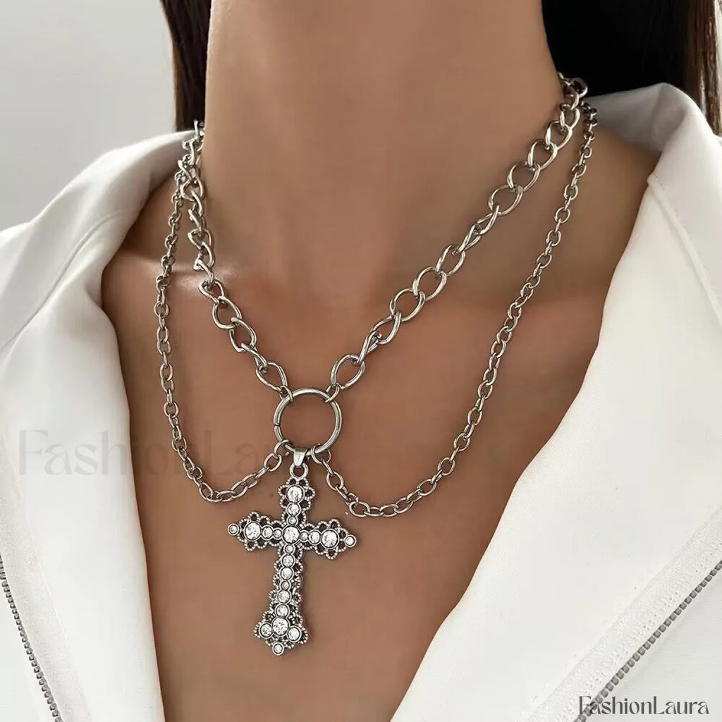 INS Vintage Diamond Alloy Pendant Cross Necklace SILVER