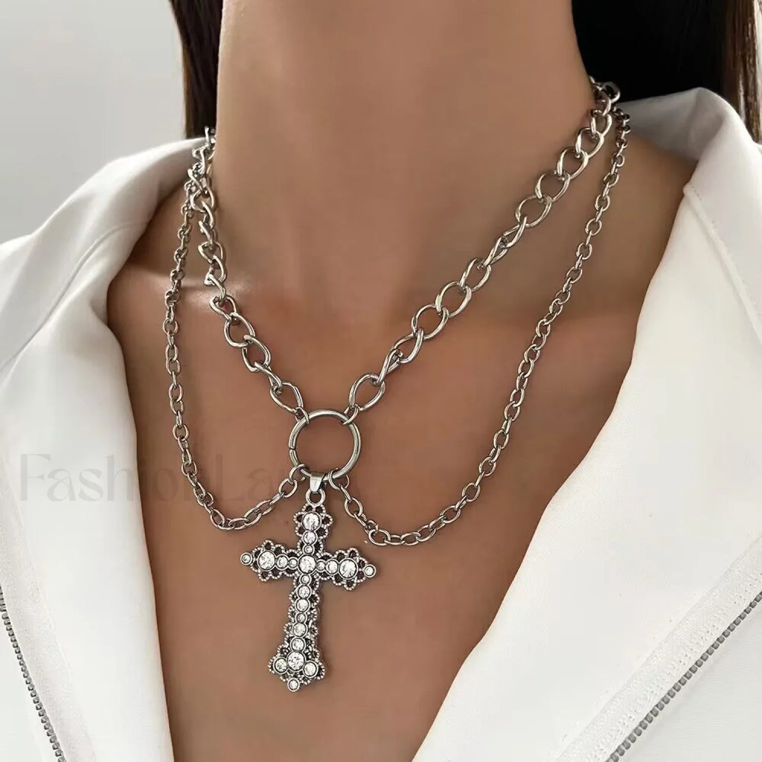 INS Vintage Diamond Alloy Pendant Cross Necklace SILVER