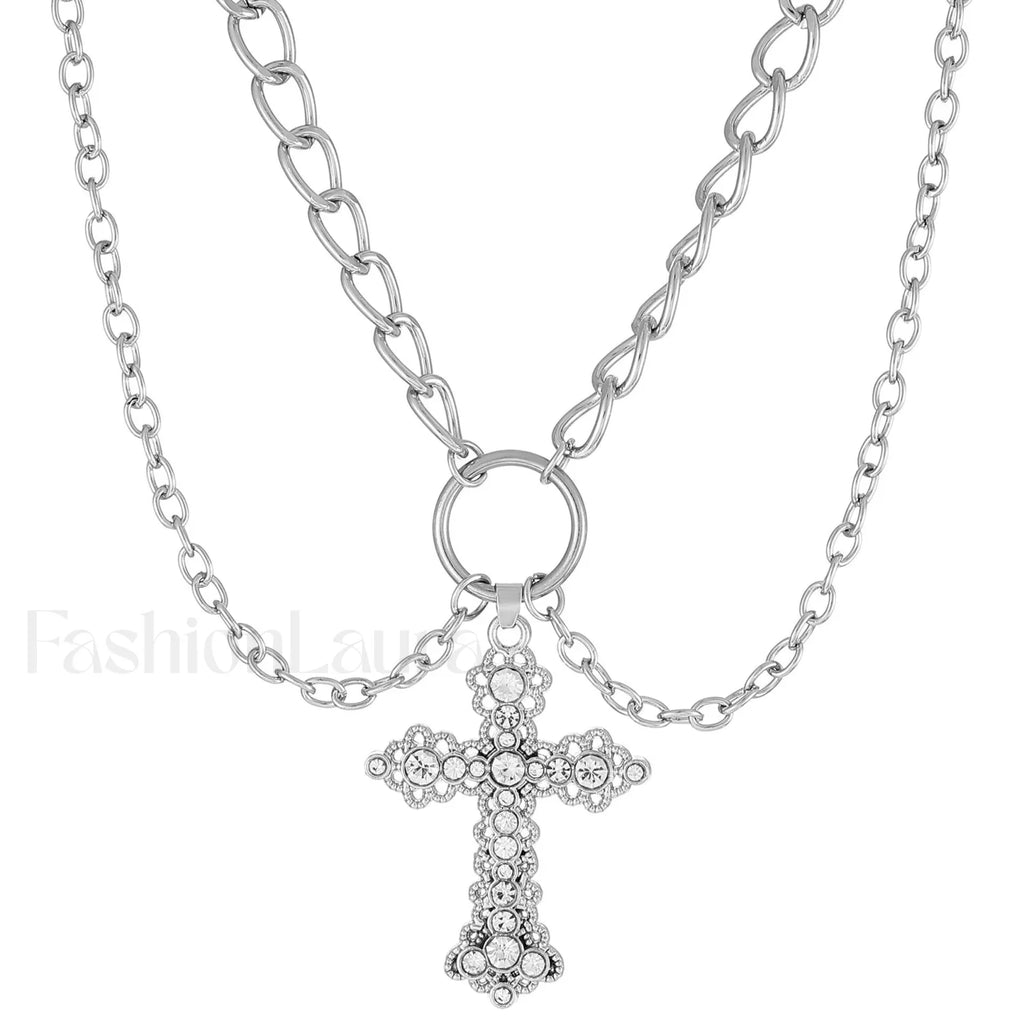 INS Vintage Diamond Alloy Pendant Cross Necklace SILVER