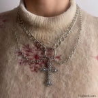 INS Vintage Diamond Alloy Pendant Cross Necklace SILVER