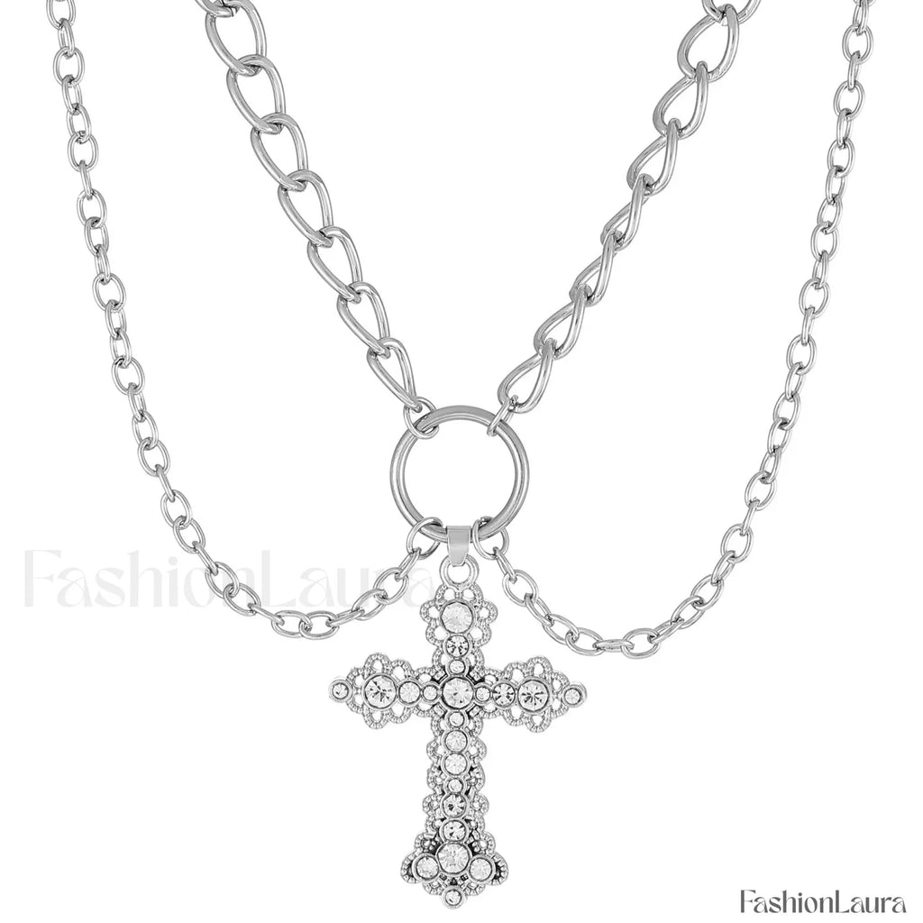 INS Vintage Diamond Alloy Pendant Cross Necklace SILVER
