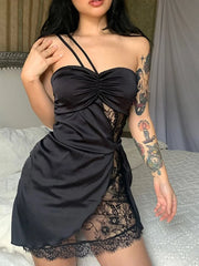 Irregular One Shoulder Lace Paneled Mini Dress Mini Dresses