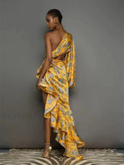 Irregular Ruffle Shoulder Floral Dress