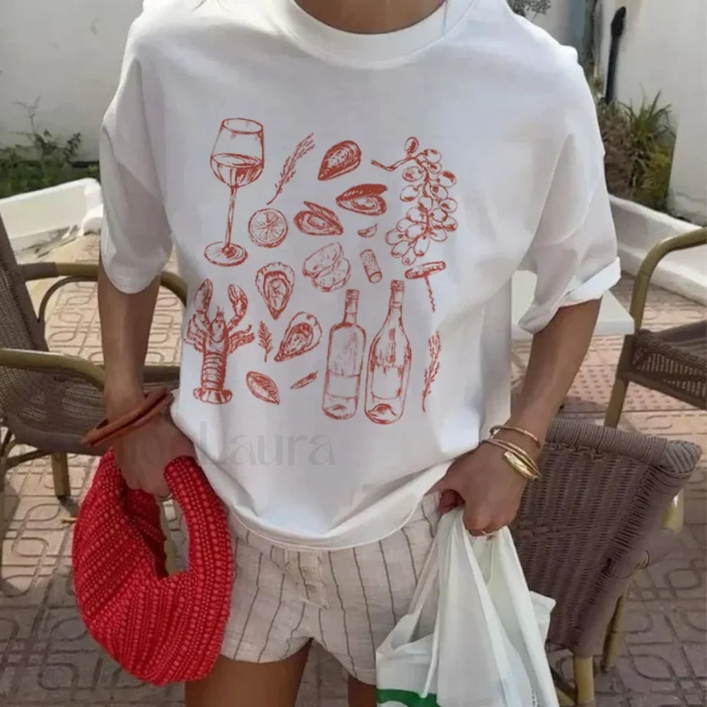 Italian Seafood Print Vintage T Shirt