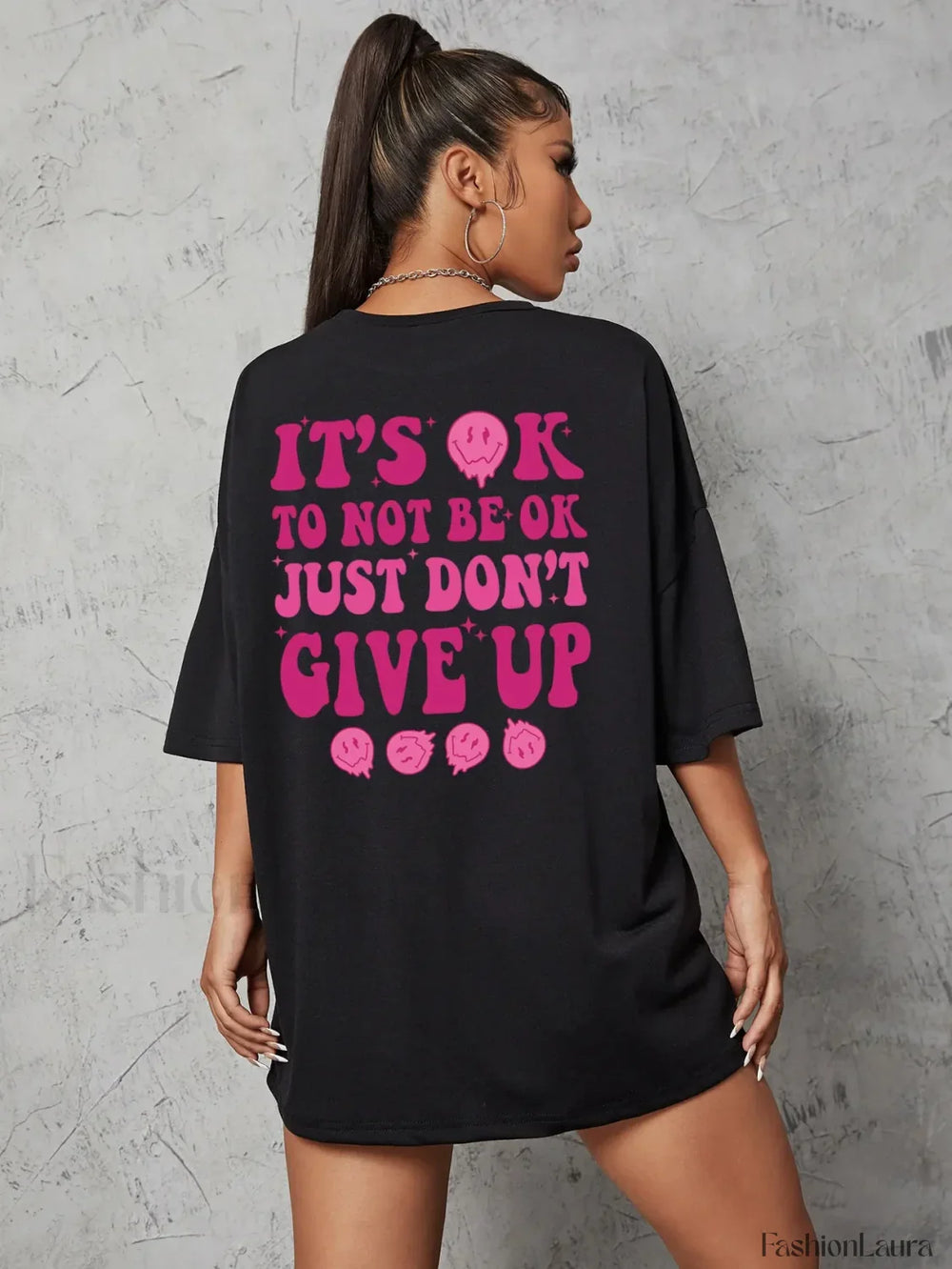 It’s Ok To Not Be Ok Letter Print Oversized T Shirt Black / S