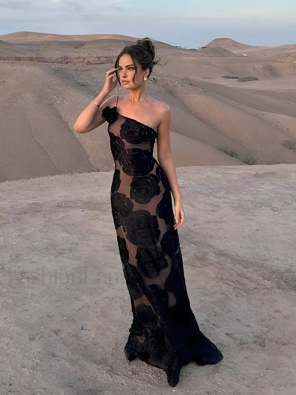 Jacquard Floral Asymmetrical Long Dress Black / XS Dresses