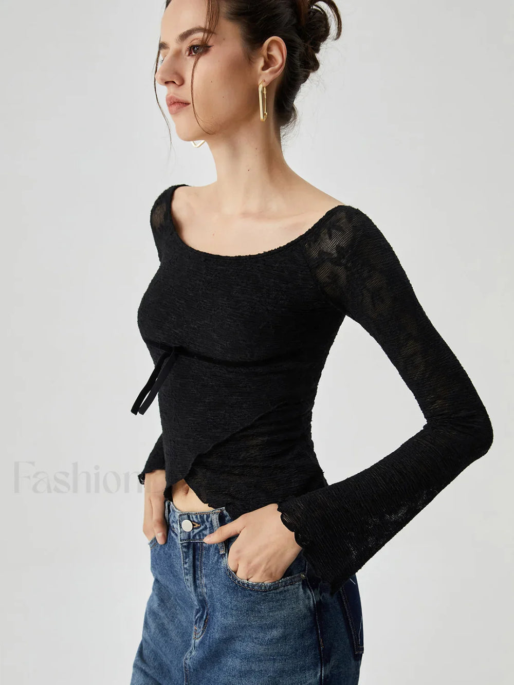 Jacquard Lace Semi sheer Trendy Bowknot Crossover Blouse Blouses