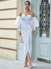 Jacquard Split Blue Maxi Dress