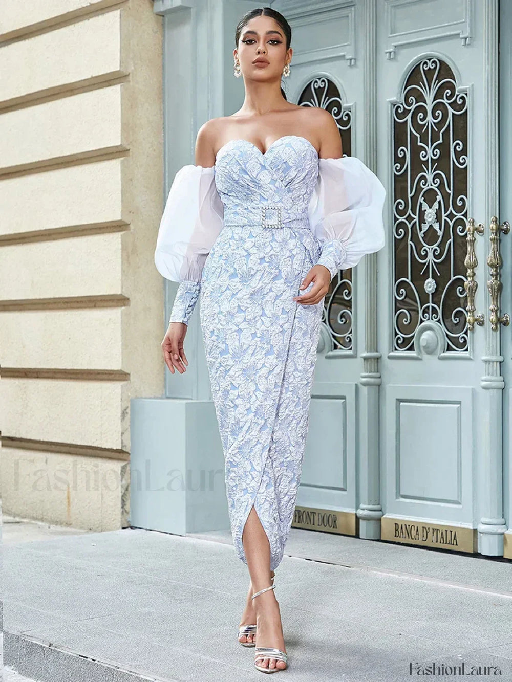 Jacquard Split Blue Maxi Dress