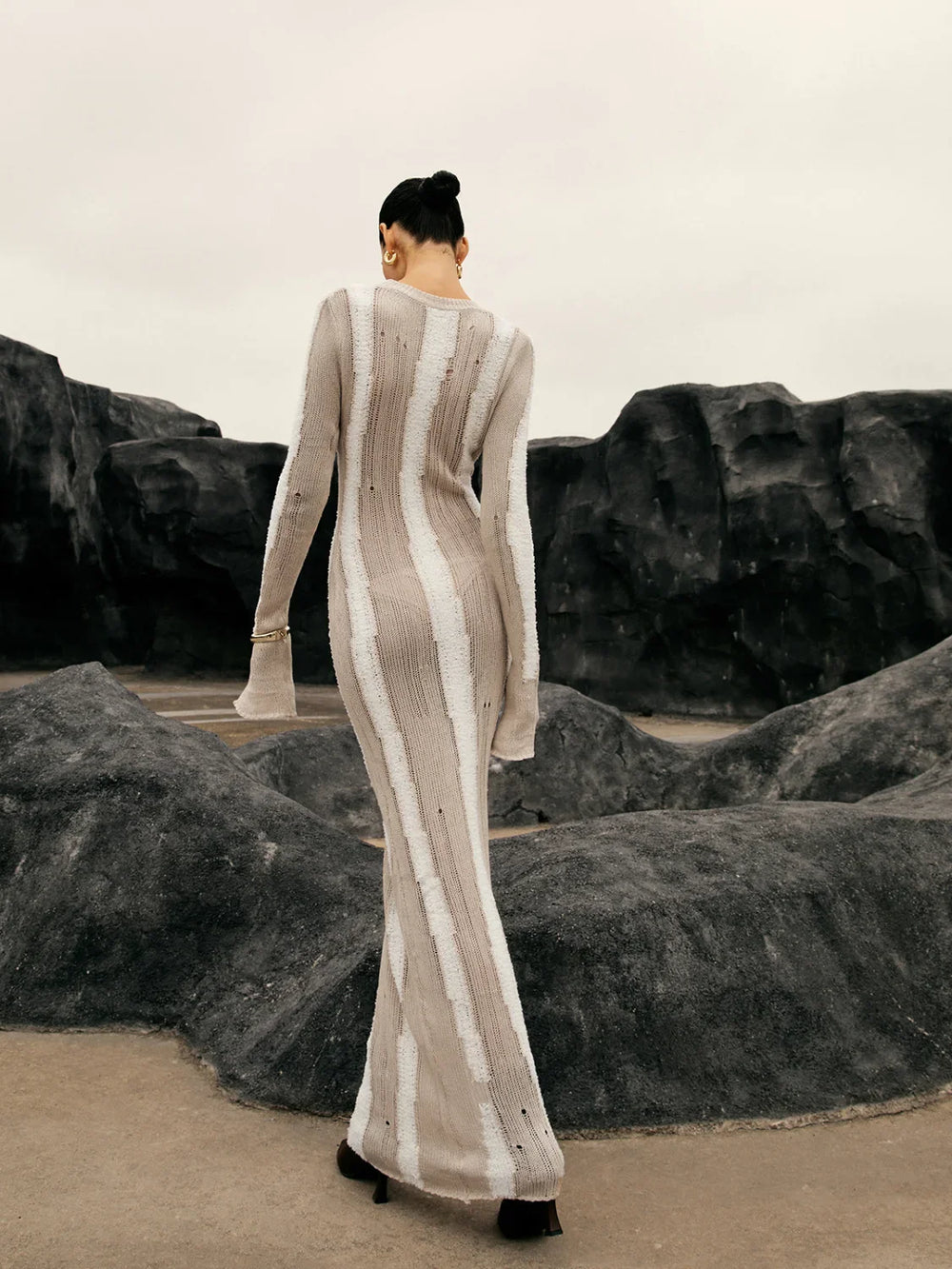 Jacquard Striped Graceful Crochet Long Dress Sweaters L