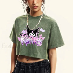 Japanese Kuromi Retro Cotton Casual T Shirt Dark Green / S