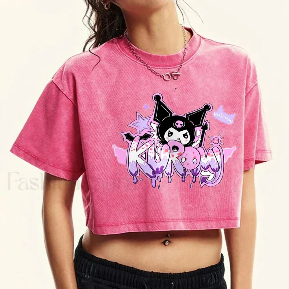 Japanese Kuromi Retro Cotton Casual T Shirt Rose Red / S