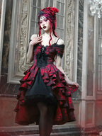 Japanese Lolita Court Style Red Black Off Shoulder Gothic Wave High Waist Halloween Autumn Party Dark Dress