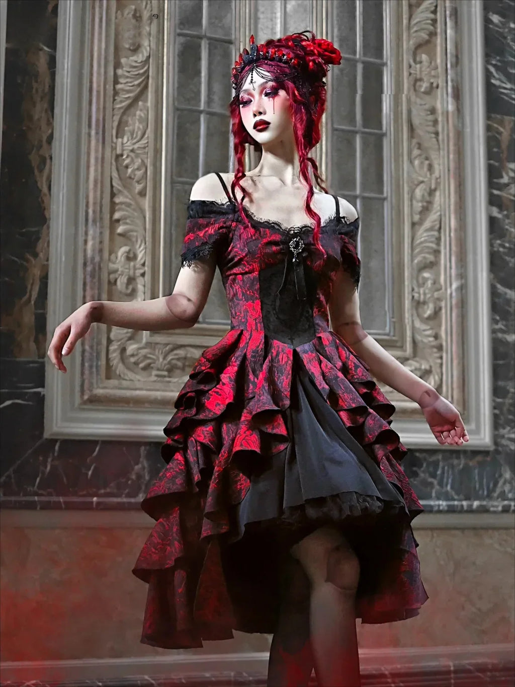 Japanese Lolita Court Style Red Black Off Shoulder Gothic Wave High Waist Halloween Autumn Party Dark Dress
