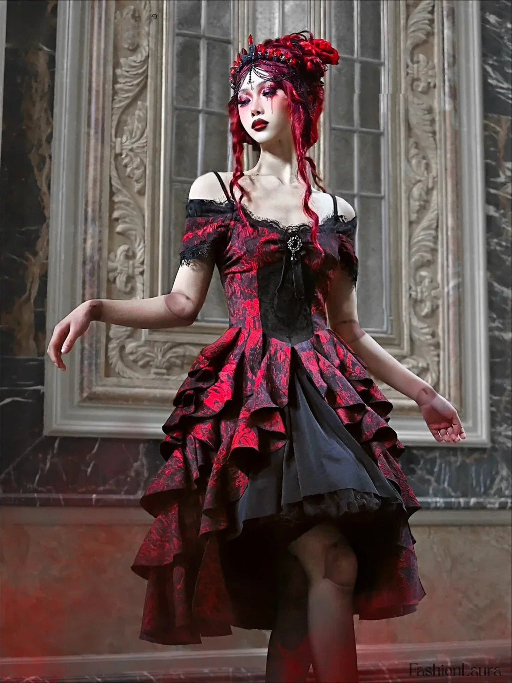 Japanese Lolita Court Style Red Black Off Shoulder Gothic Wave High Waist Halloween Autumn Party Dark Dress