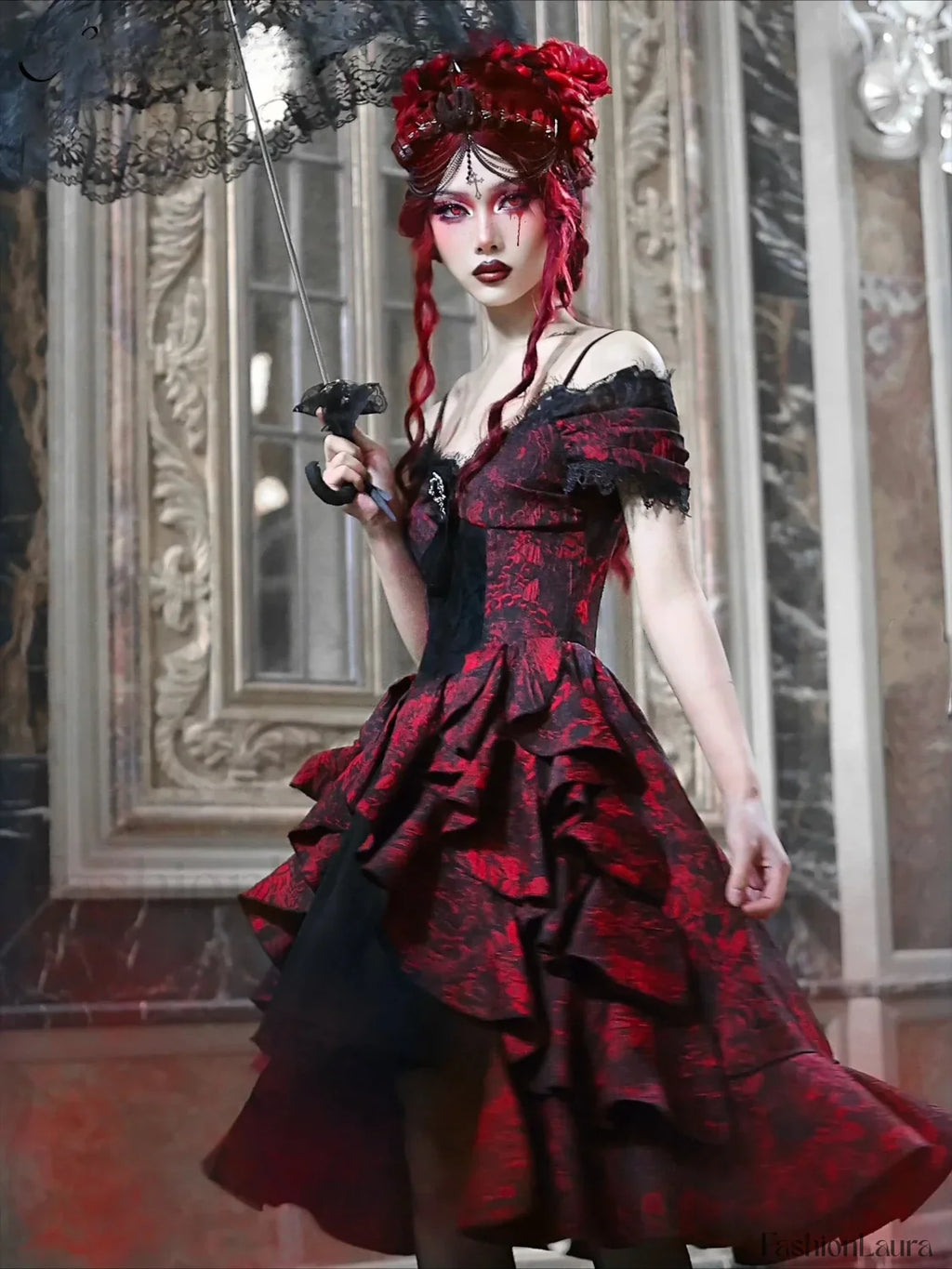 Japanese Lolita Court Style Red Black Off Shoulder Gothic Wave High Waist Halloween Autumn Party Dark Dress