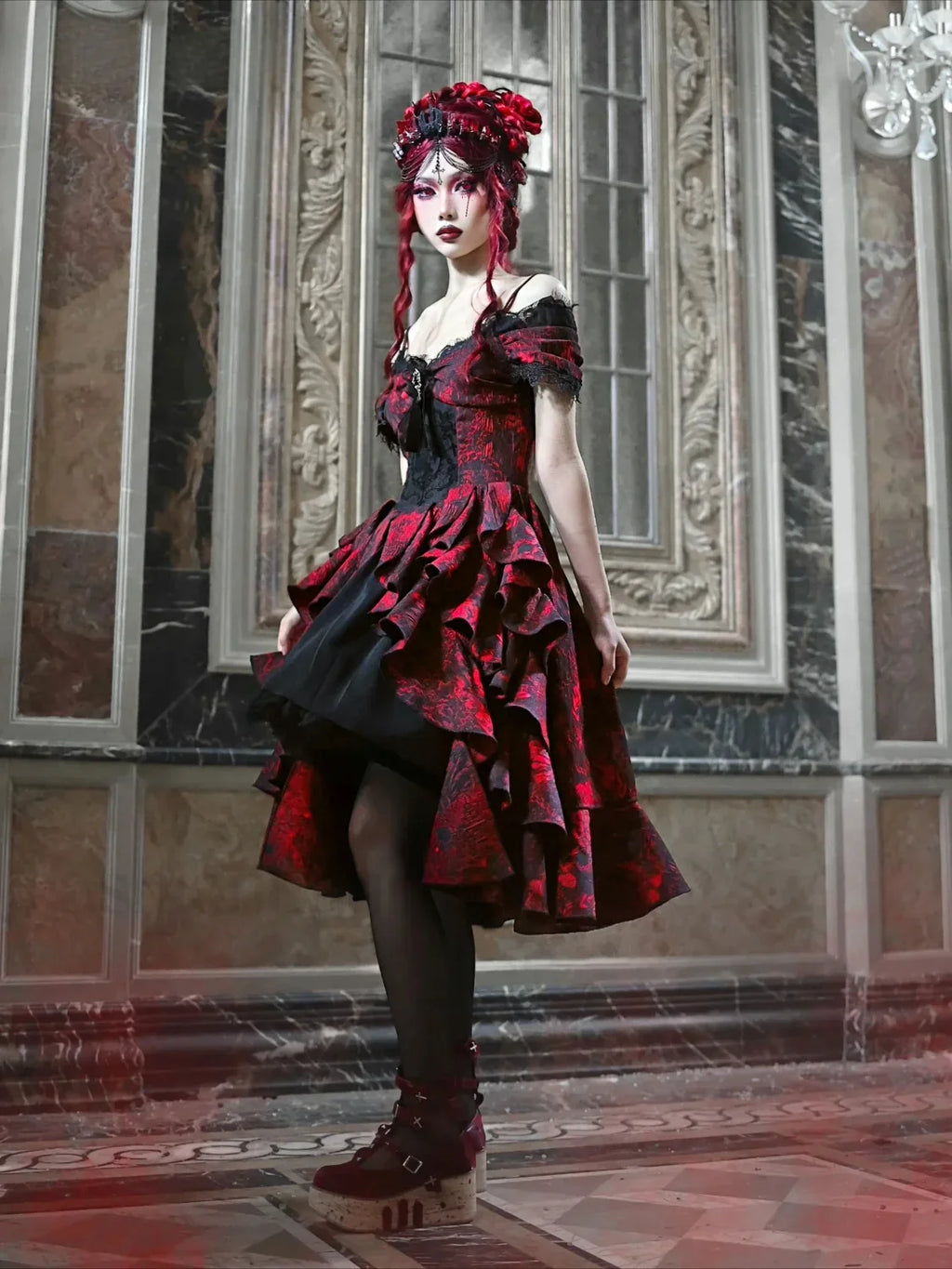 Japanese Lolita Court Style Red Black Off Shoulder Gothic Wave High Waist Halloween Autumn Party Dark Dress