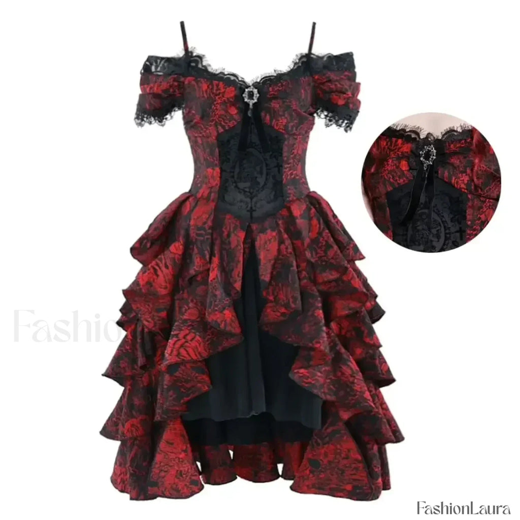 Japanese Lolita Court Style Red Black Off Shoulder Gothic Wave High Waist Halloween Autumn Party Dark Dress dress lace