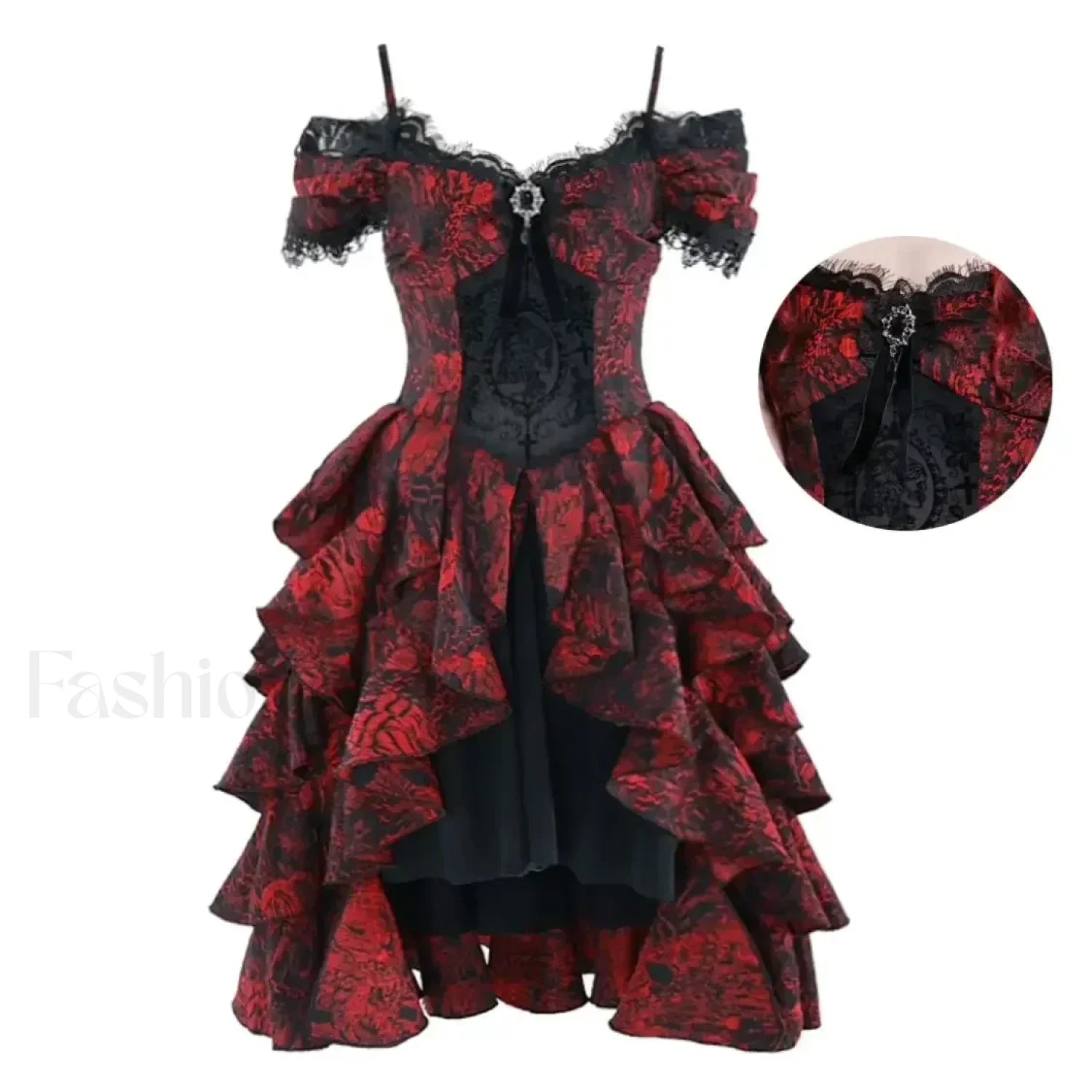 Japanese Lolita Court Style Red Black Off Shoulder Gothic Wave High Waist Halloween Autumn Party Dark Dress dress lace