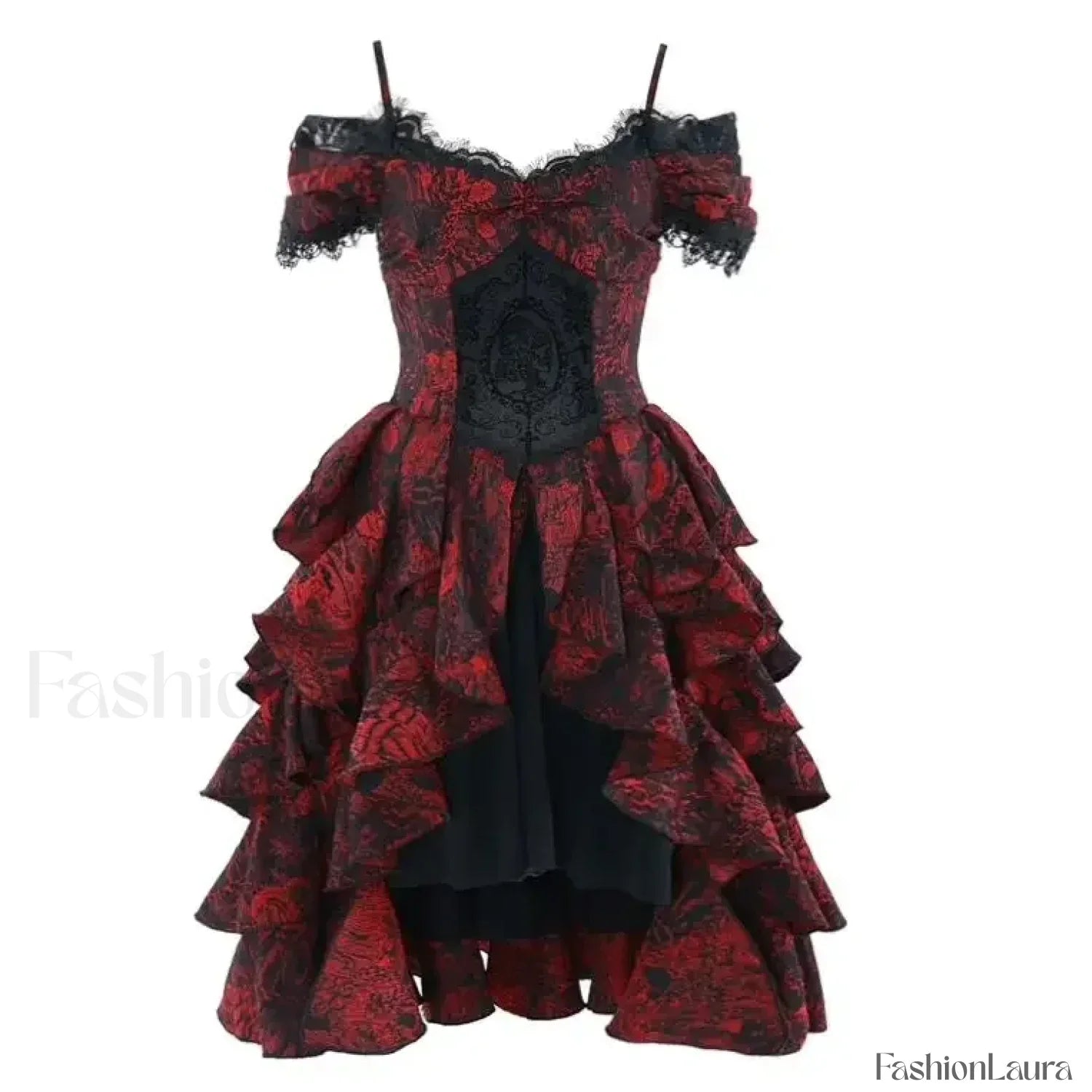 Japanese Lolita Court Style Red Black Off Shoulder Gothic Wave High Waist Halloween Autumn Party Dark Dress only dress